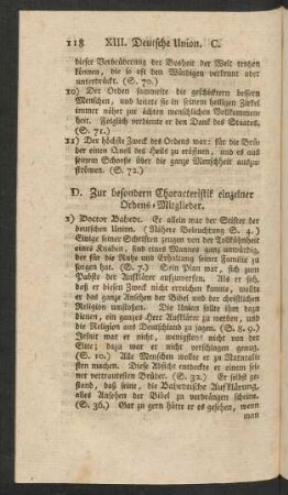 D. Zur besondern Characteristik einzelner Ordens-Mitglieder.