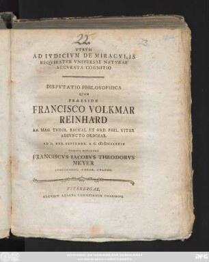 Vtrvm Ad Ivdicivm De Miracvlis Reqviratvr Vniversae Natvrae Accvrata Cognitio : Dispvtatio Philosophica