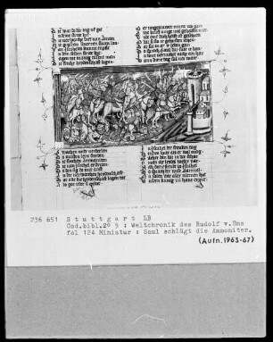 Weltchronik des Rudolf von Ems — Saul schlägt die Ammoniter, Folio 124recto