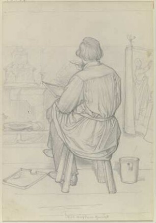 Der Maler Leopold Bode als Rückenfigur sitzend bei der Arbeit