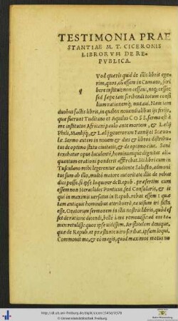 Testimonia Praestantiae Marci Tullii Ciceronis Librorum De Republica