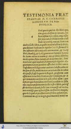 Testimonia Praestantiae Marci Tullii Ciceronis Librorum De Republica