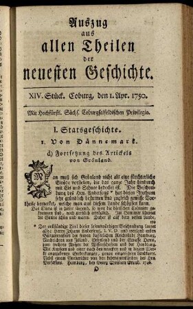 XIV. Stück. Coburg, den 1. April. 1750.