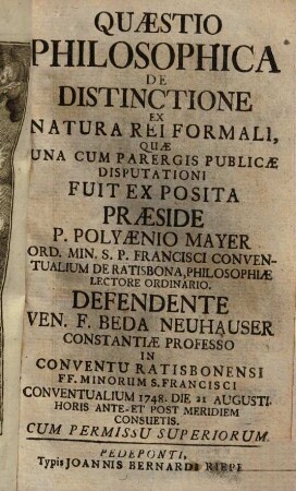 Quaestio Philosophica De Distinctione Ex Natura Rei Formali