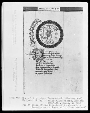 Heinrich von Laufenberg, Regimen sanitatis, deutsch — Planetenbild der Sonne mit Buch, Szepter und Krone, Folio 45recto