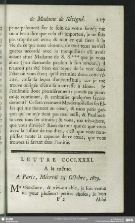 Lettre CCCLXXXI. A la même. A Paris, Mécredi 28. Octobre, 1679