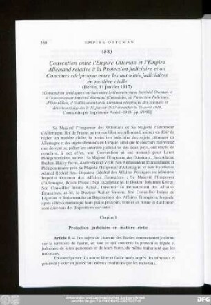 (58) Convention entre l'Empire Ottoman et l'Empire Allemand relative à la Protection judiciaire et au Concours réciproque entre les autorités judiciaires en matière civile (Berlin, 11 janvier 1917)