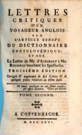 Lettres critiques d'un voyageur anglois sur l'article Genève du Dictionnaire encycl., T. 2