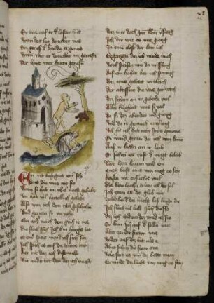 Frau wäscht Tücher in einem Bach, personifiziertes Fieber und Floh vor einem Kloster; (Vom Fieber und dem Floh, Kapitel XLVIII nach Pfeiffer)