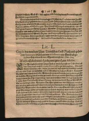 Lit. L. Copia des von dem Chur-Trierischen Hoff-Rath und geheimen Secretario Gärtz an den Assessorem von Pyrck abgelassenen Schreibens de dato Ehrenbreitstein 6. Dec. 1703