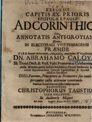 Exegesis Capitis IIX. Prioris Epistolae S. Pauli Ad Corinthios : Cum Annotatis Anti-Grotianis