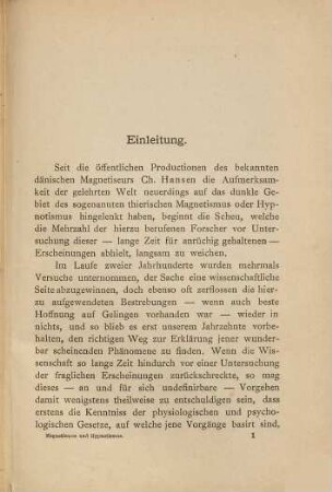 Magnetismus und Hypnotismus : eine Darstellung dieses Gebietes mit besonderer Berücksichtigung der Beziehungen zwischen dem mineralischen Magnetismus und dem sogenannten thierischen Magnetismus oder Hypnotismus