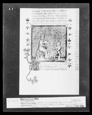 Bible historiale de Charles V., Folio 22 verso, Ein Ritter kniet vor König Salomon