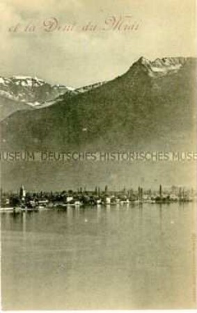 Teil einer Panoramakarte: Ansicht von Chillon am Genfer See mit dem "Dent du Midi" (3. Teilstück)