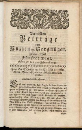 Fünftes Blat, ... den 4ten Februarii 1747