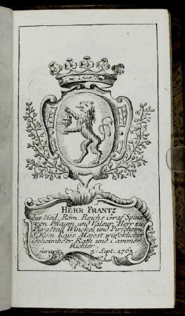 ...des Herrn Cammer-Richters, Hrn Präsidenten und Hrn. Assessoren Wappen,[...]