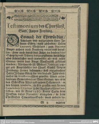Testimonium des Churfürstl. Sächs. Ampts Freyburg