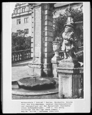 Rechter Obeliskenpfeiler und Zwergenfigur auf der Balustrade (Karikatur eines Hofangehörigen)
