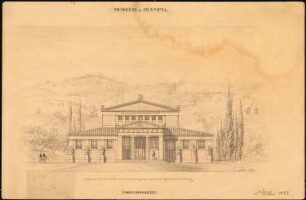 Museum, Olympia: Aufriss Hauptfassade mit Landschaftsdarstellung