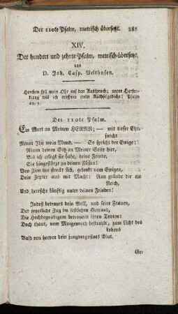 XIV. Der hundert und zehnte Psalm, metrisch übersetzt, von D. Joh. Casp. Velthusen.