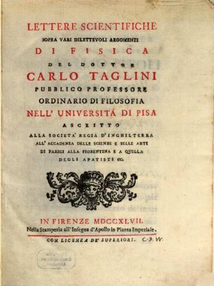 Lettere scientifiche sopra varia dillettevole argomenti di fisica : con tavola