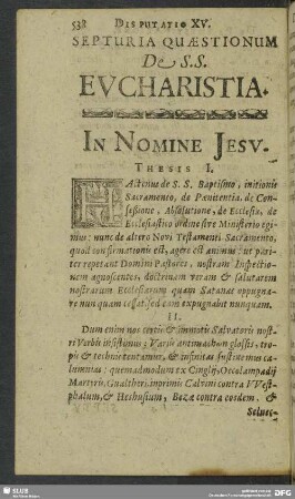 Disputatio XV. De Sacra Domini Coena Disputatio Prior