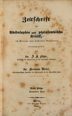 Zeitschrift für Philosophie und philosophische Kritik. 19. 1848