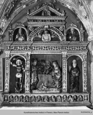 Die Anbetung des Christuskindes mit dem Heiligen Georg, dem Heiligen Antonius Abbas, dem Heiligen Gregor, dem Heiligen Jakob und dem Schmerzensmann