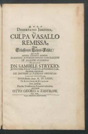Dissertatio Iuridica, De Culpa Vasallo Remissa