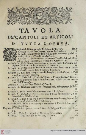 Tavola de'capitoli et articoli du tutta l'opera
