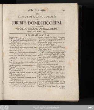 IV. Disputatio Inauguralis De Iuribus Domesticorum. Respondente Georgio Friderico Beer, Stuttgard. Mens. Maii Anno 1685.