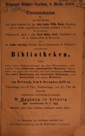 Leipziger Bücher-Auction. 85. 1869, 8. Dez.