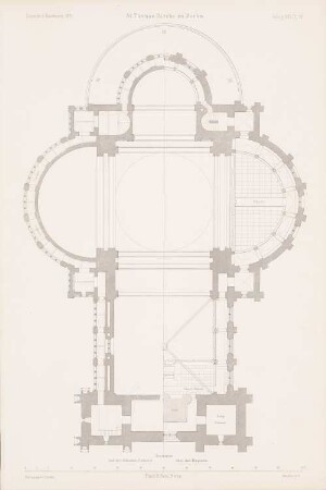 Thomaskirche, Berlin-Kreuzberg: Grundriss über den Emporen (aus: Atlas zur Zeitschrift für Bauwesen, hrsg. v. G. Erbkam, Jg. 21, 1871)