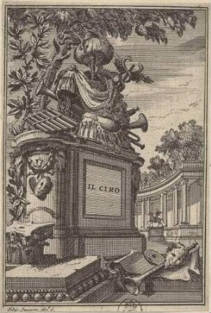 Frontispiz der Bühnenbilder für die Oper „Il Ciro“ von Alessandro Scarlatti im Teatro Ottoboni des Palazzo della Cancelleria in Rom im Jahr 1712