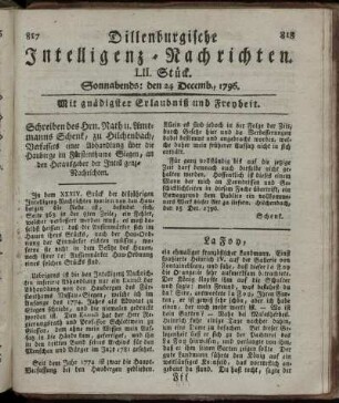 LII. Stück. Sonnabends: den 24. Decemb. 1796.