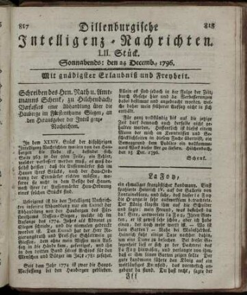 LII. Stück. Sonnabends: den 24. Decemb. 1796.
