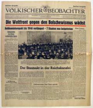 Tageszeitung "Völkischer Beobachter" u.a. zur Verlängerung und Ausweitung des Antikomintern-Paktes