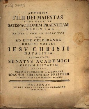 Aeterna filii Dei maiestas fons gloriae, satisfactionem praestitam insecvtae, ex Ebr. I. com. III. evolvtvr