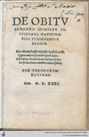 De obitu Johannis Stoefler Iustingani mathematici Tubingensis