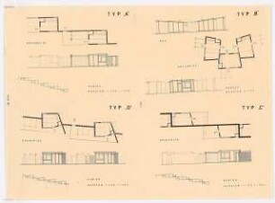 Bundesgartenschau 1969, Dortmund: Haus Typ A, Typ B, Typ C, Typ D in Lageplan, Grundriss, Ansicht 1:500, 1:100
