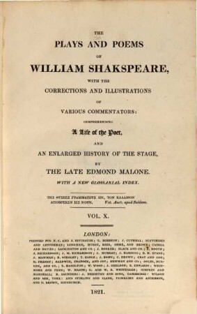 The plays and poems of William Shakspeare : With a new glossarial index. Vol. X., King Lear. All's well that ends well.