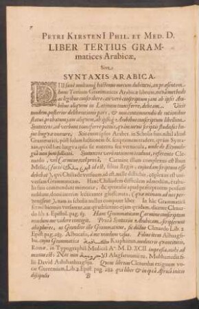 Petri Kirsteni[i] Phil. Et Med. D. Liber Tertius Grammatices Arabicae, Sive Syntaxis Arabica.