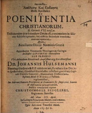Succincta analysis ... dicti apostolici de poenitentia Christianorum, 2 Cor. VII, 10.