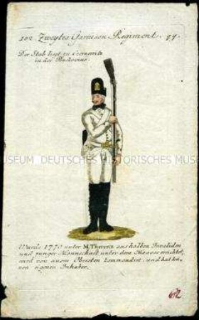 Uniformdarstellung, Gemeiner des 2. Garnison-Regiments, Österreich, 1796. Tafel aus: Geschichte und bildliche Vorstellung der Regimenter des Erzhauses Österreich.