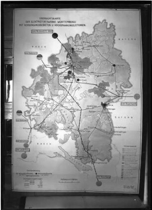 Übersichtskarte über die Elektrizitätswerke in Württemberg mit Versorgungsgebiet und Hochspannungsleitungen