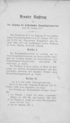 Neunter Nachtrag zu dem Statut des Hostenbacher Knappschaftsvereins.