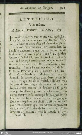 Lettre CCVI. A la même. A Paris, Vendredi 16. Août, 1675