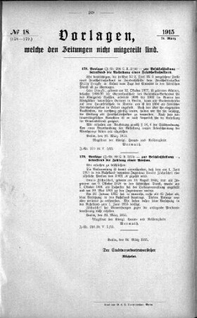 Anlage: zu No.18 (178-179), Vorlagen, welche den Zeitungen nicht mitgeteilt sind