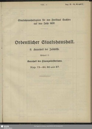 II. Haushalt der Zuschüsse. Abschnitt G. Haushalt des Finanzministeriums. Kap. 73-84, 86 und 87