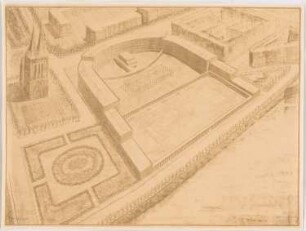 Berufsschulen am Urban, Berlin-Kreuzberg: Perspektivische Ansicht (Vogelschau) vom Hafen her (mit geschlossenen Gebäudekomplexen) (siehe Inv.Nr. 3879)